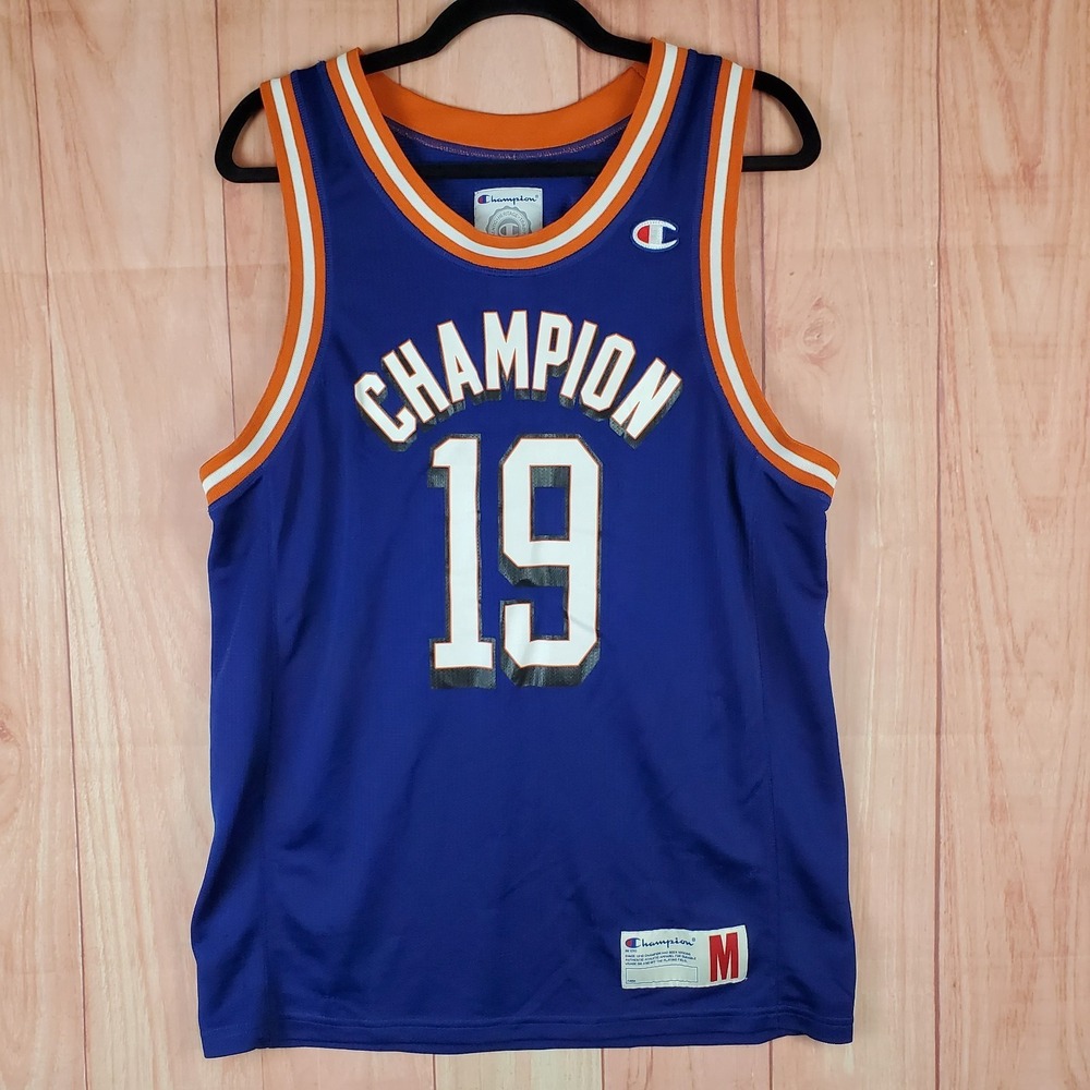 Champion #19 Basketball Jersey Mens Medium Blue‎ Graphic Round Neck Pullover